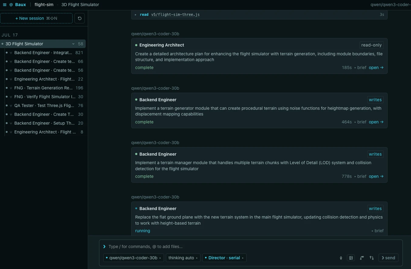 Baux coordinating an AI agent team, with a session tree, worker tasks, tool permissions, and progress visible together
