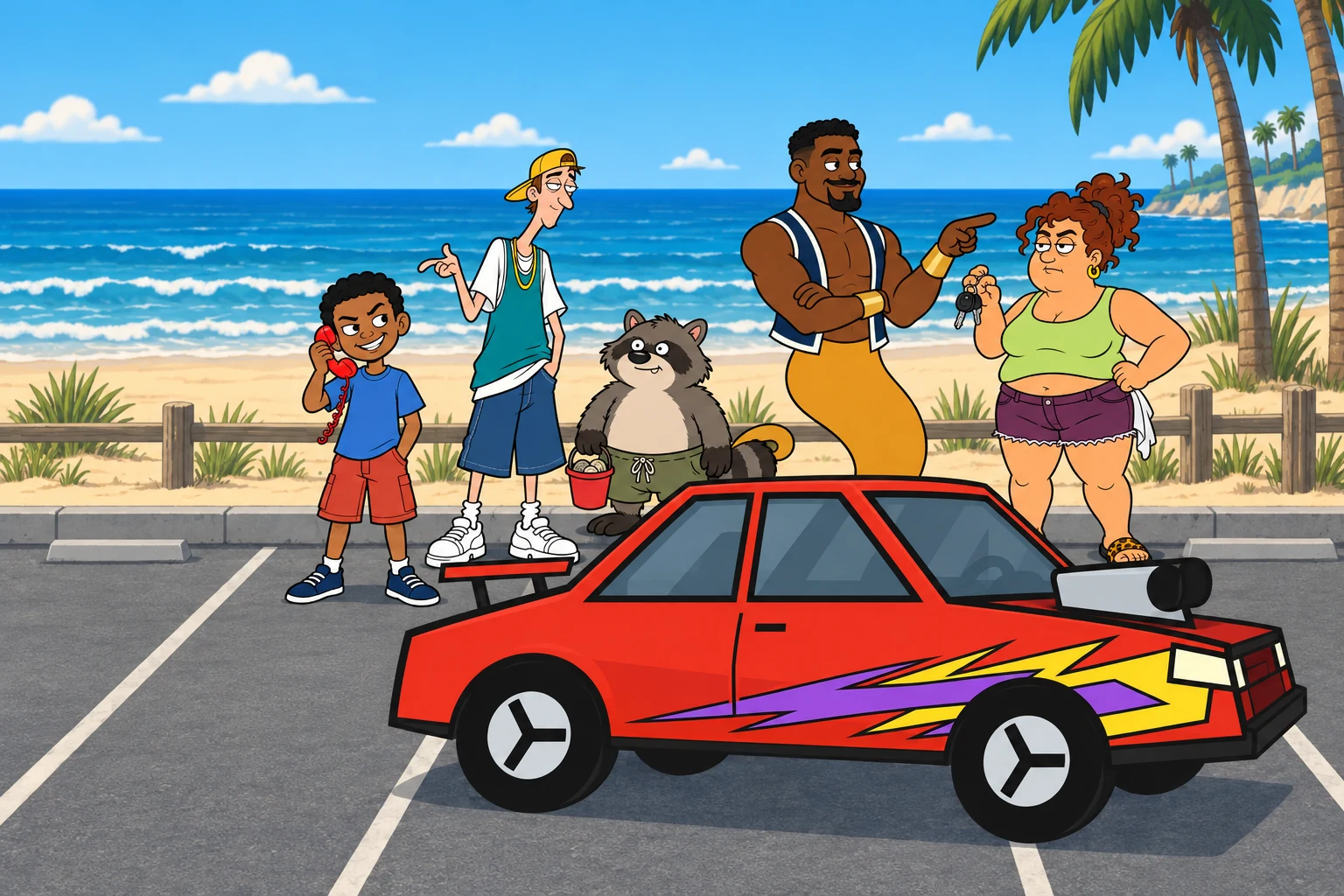 The Clam Digger cast standing behind a red coupe at a beach parking lot