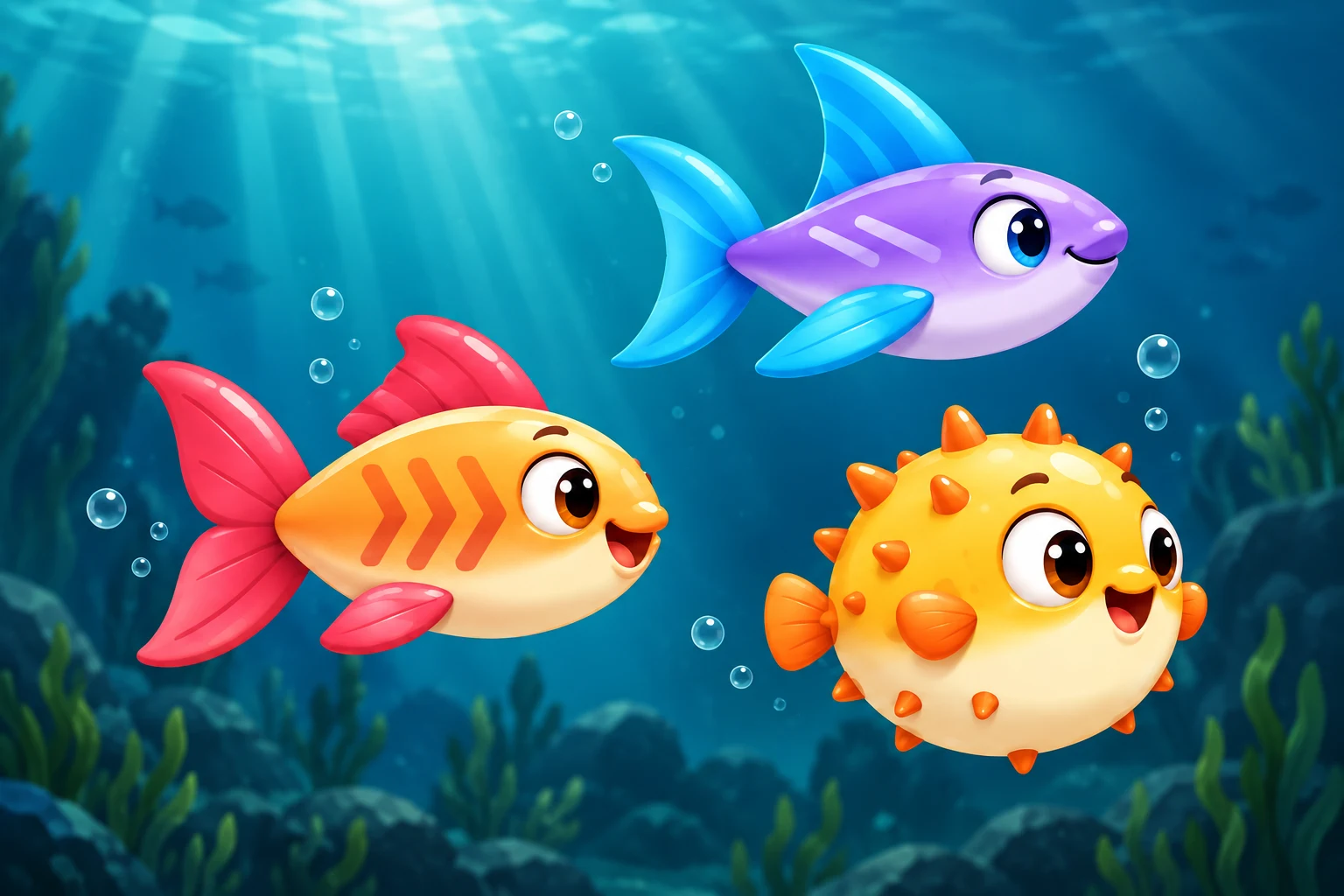 Switchfin, Skycrest, and Puffskip against a deep teal aquatic background