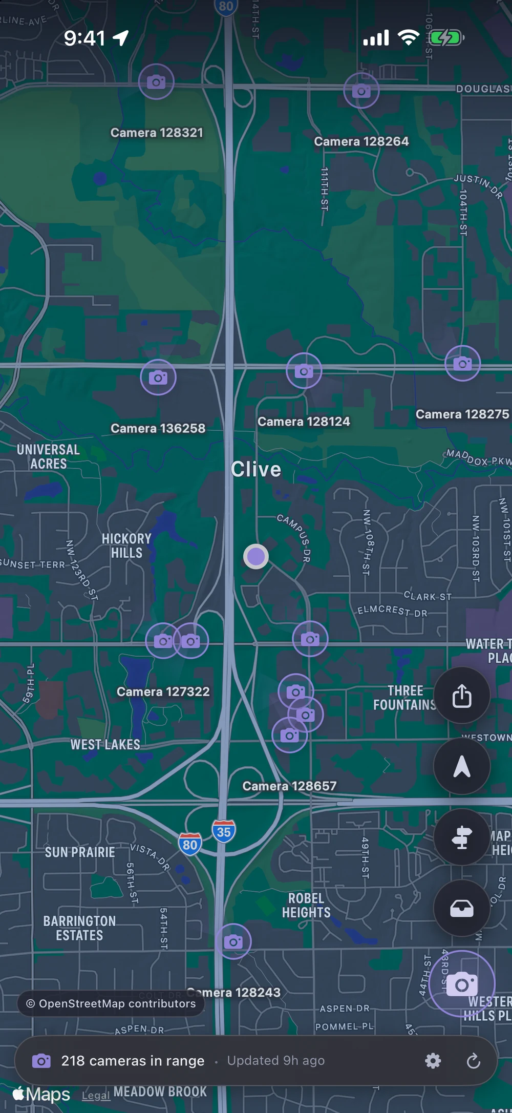 FlockOff camera map around Clive, Iowa