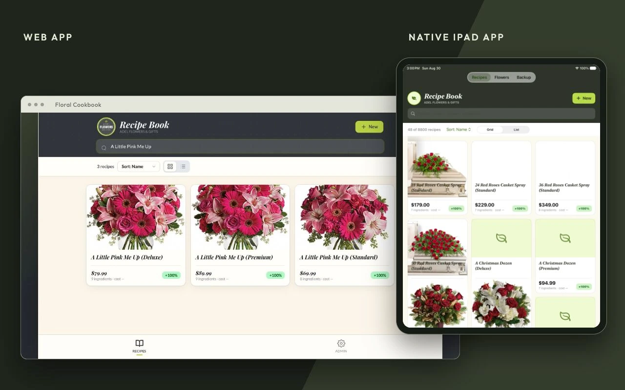 Floral Cookbook’s web recipe directory on the left and native iPad recipe directory on the right