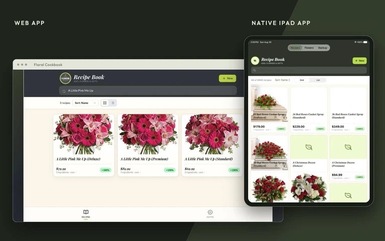 Floral Cookbook’s web recipe directory alongside its native iPad app, showing floral arrangements and recipe cards