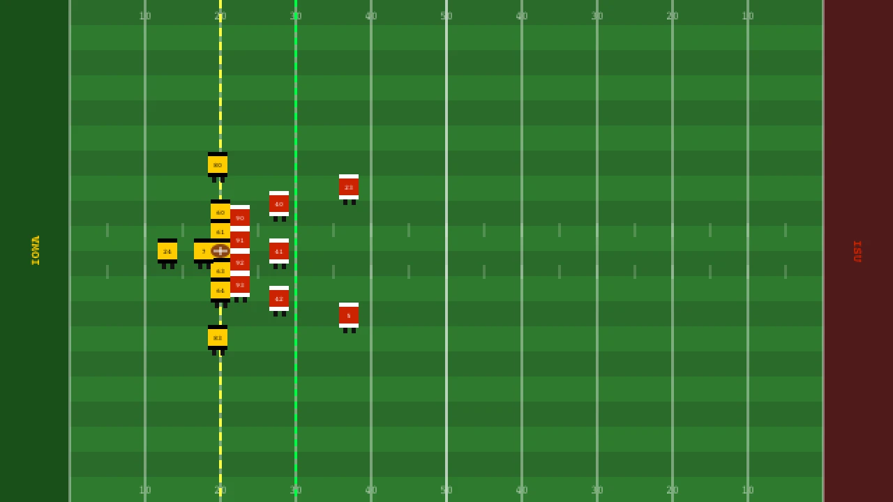 Iowa and Iowa State lined up on the pixel-art football field in The Bowl Game