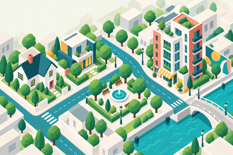 Upland Console’s illustrated neighborhood with teal streets, a fountain plaza, and coral and ivory buildings