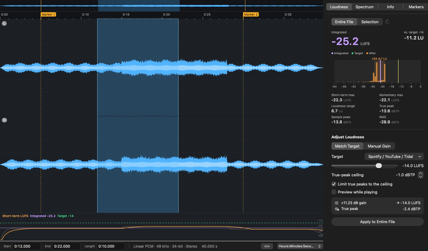 waveRnr’s stereo waveform editor with a selected region, loudness measurements, and target controls