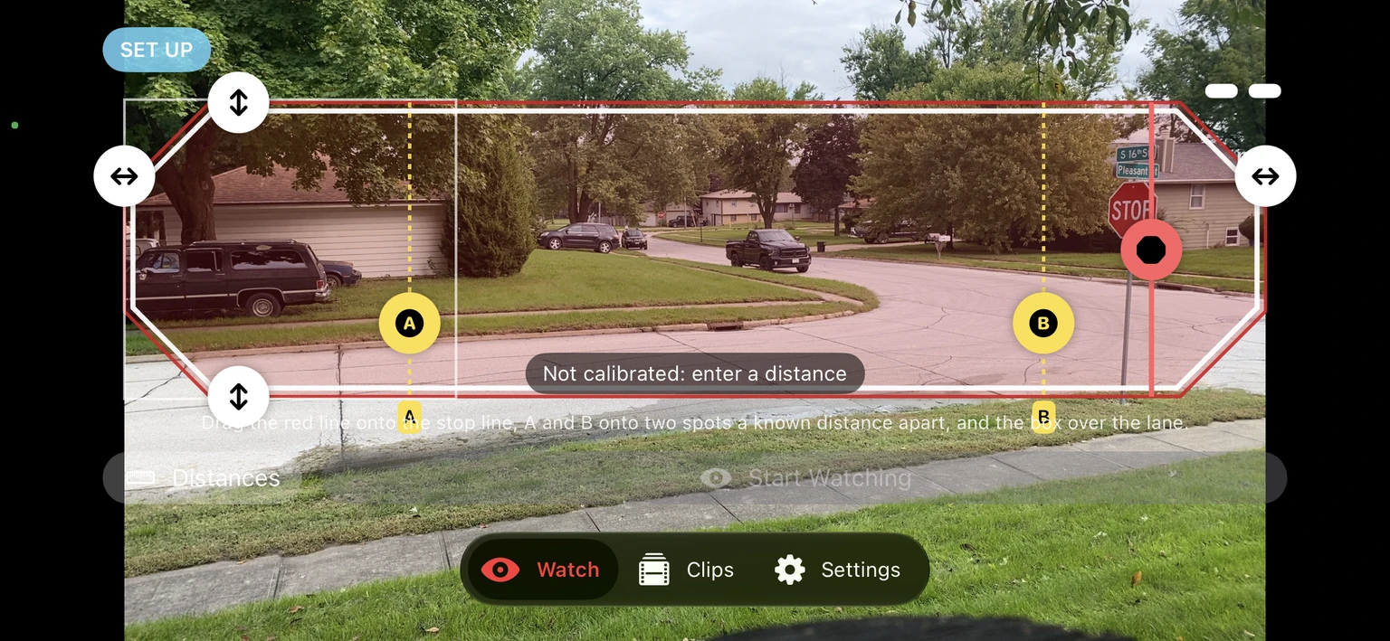 The y u no stop setup screen over a real road, with a selected lane, red stop line, and yellow A and B distance markers