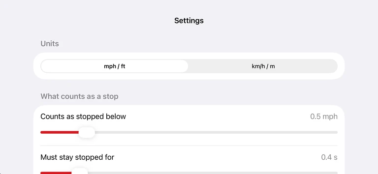 y u no stop Settings showing speed units, a stop speed threshold of 0.5 mph, and a required stop duration of 0.4 seconds